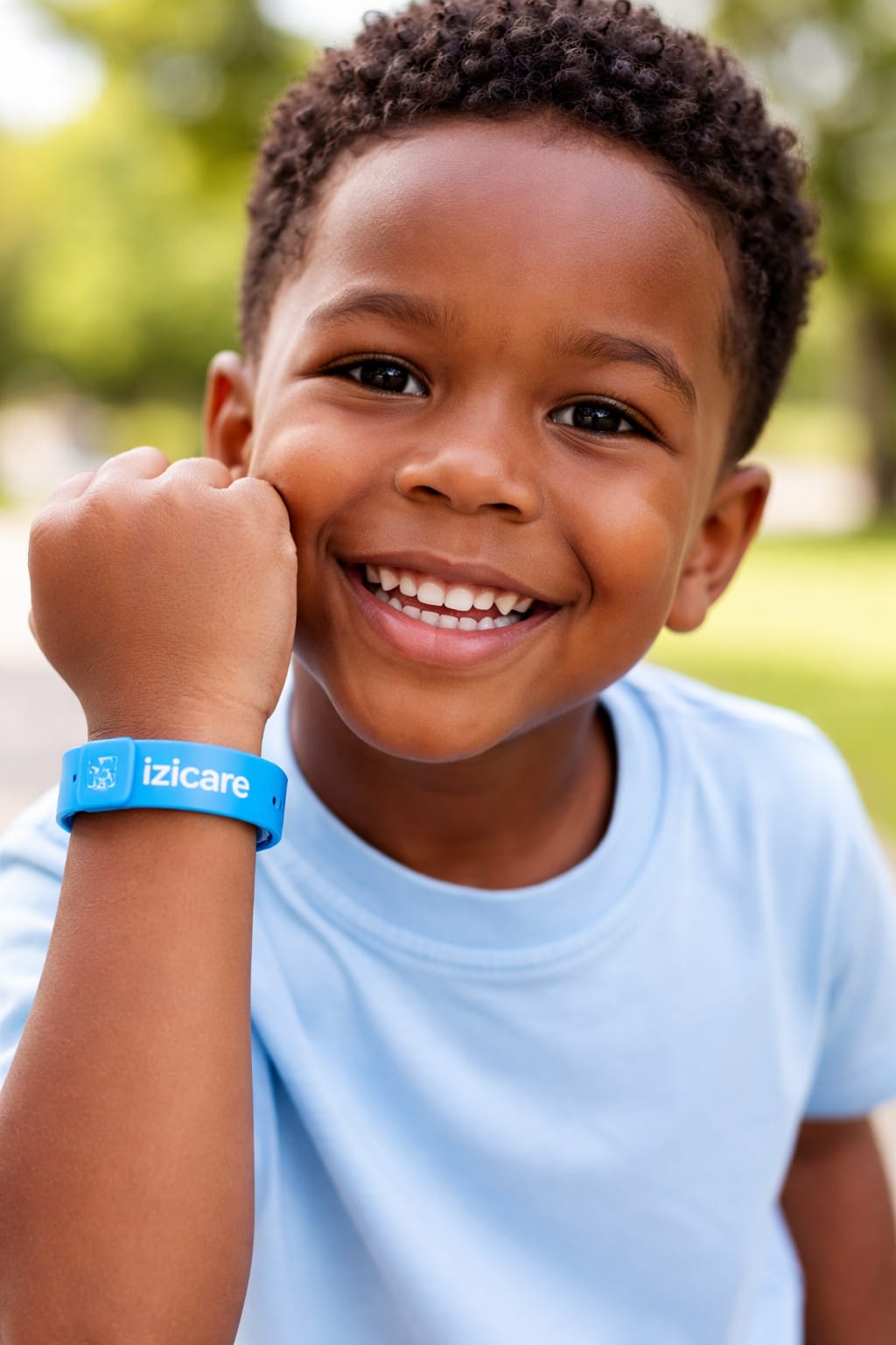 Bracelet IziCare NFC - Enfant souriant avec bracelet médical Burkina Faso