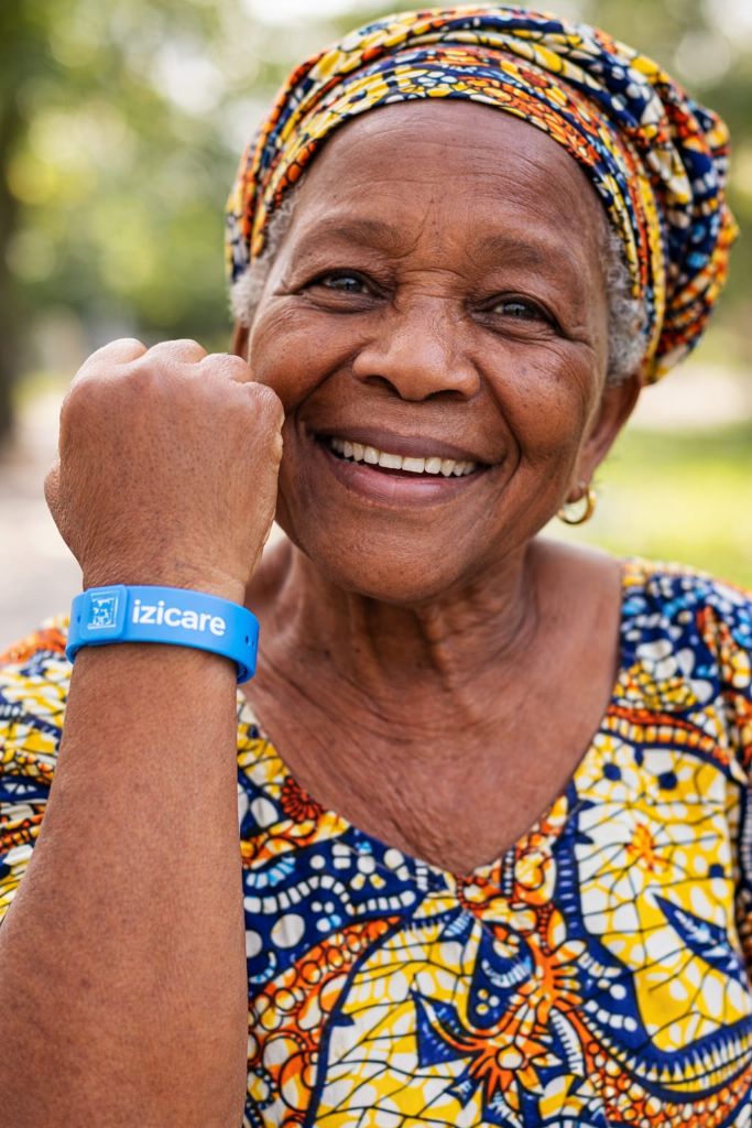 Senior portant le bracelet IziCare - Sécurité médicale Burkina Faso